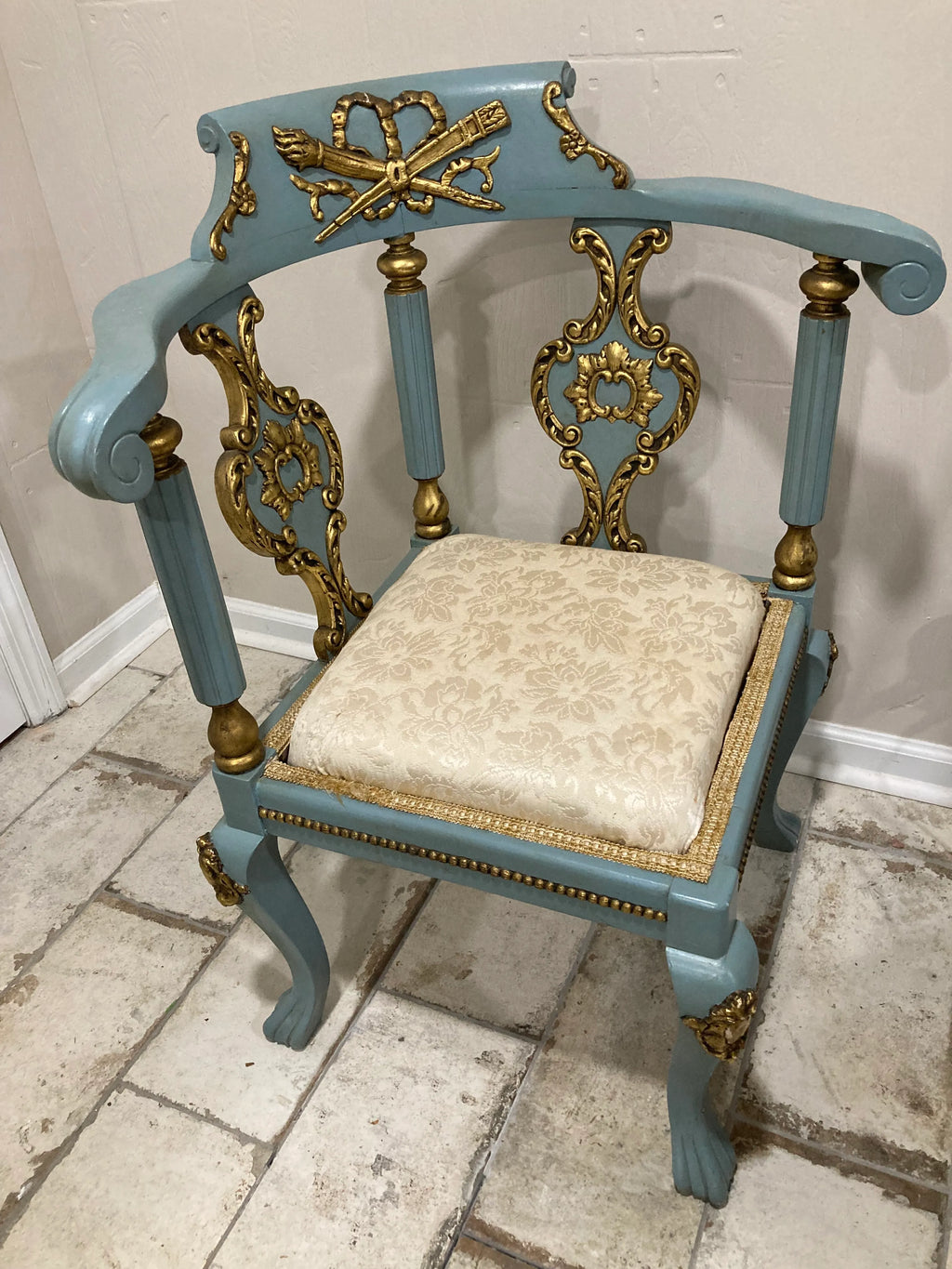 19th Century Lá Belle Epoque Blue and Gold Corner Chair