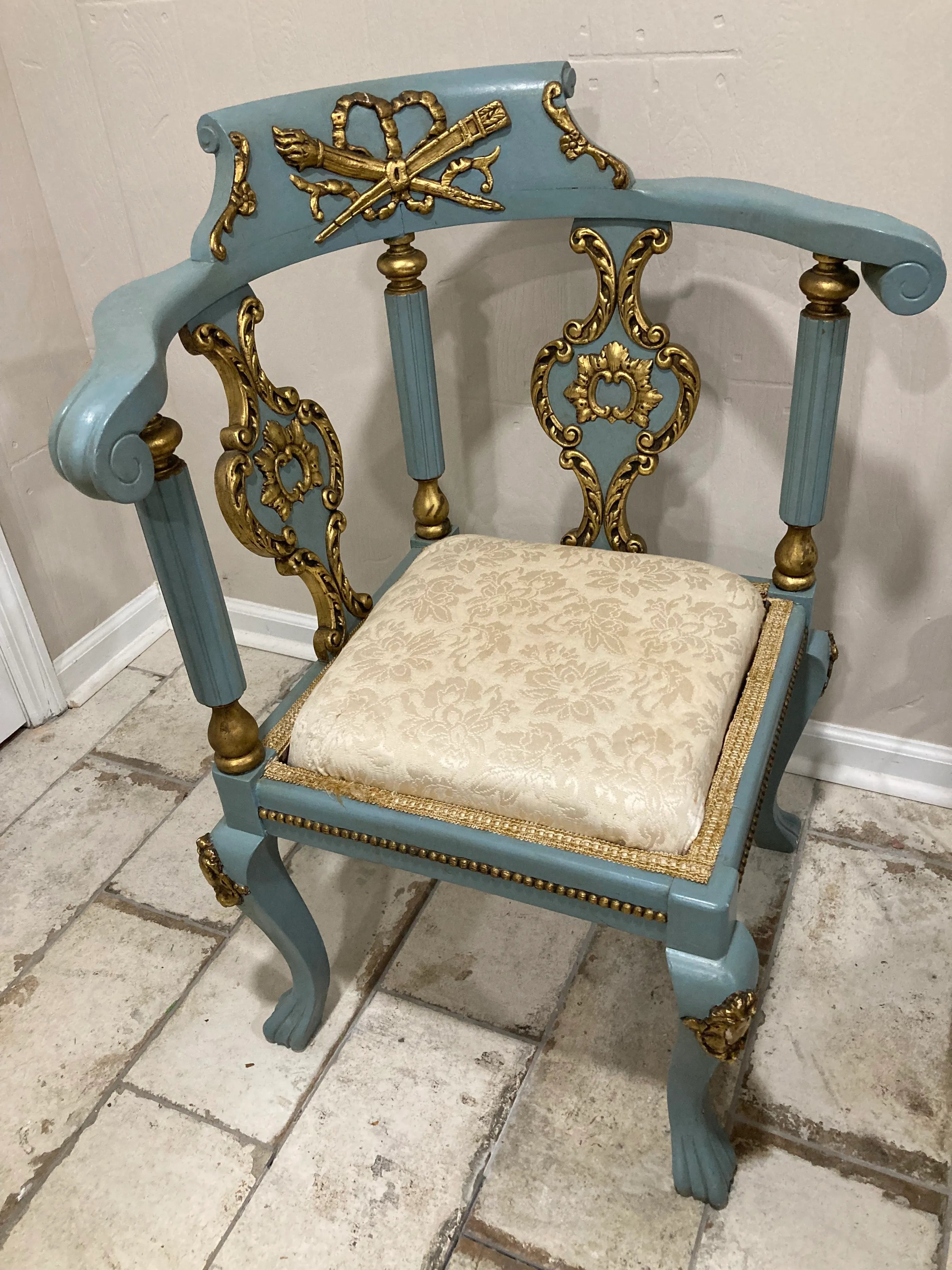 19th Century Lá Belle Epoque Blue and Gold Corner Chair
