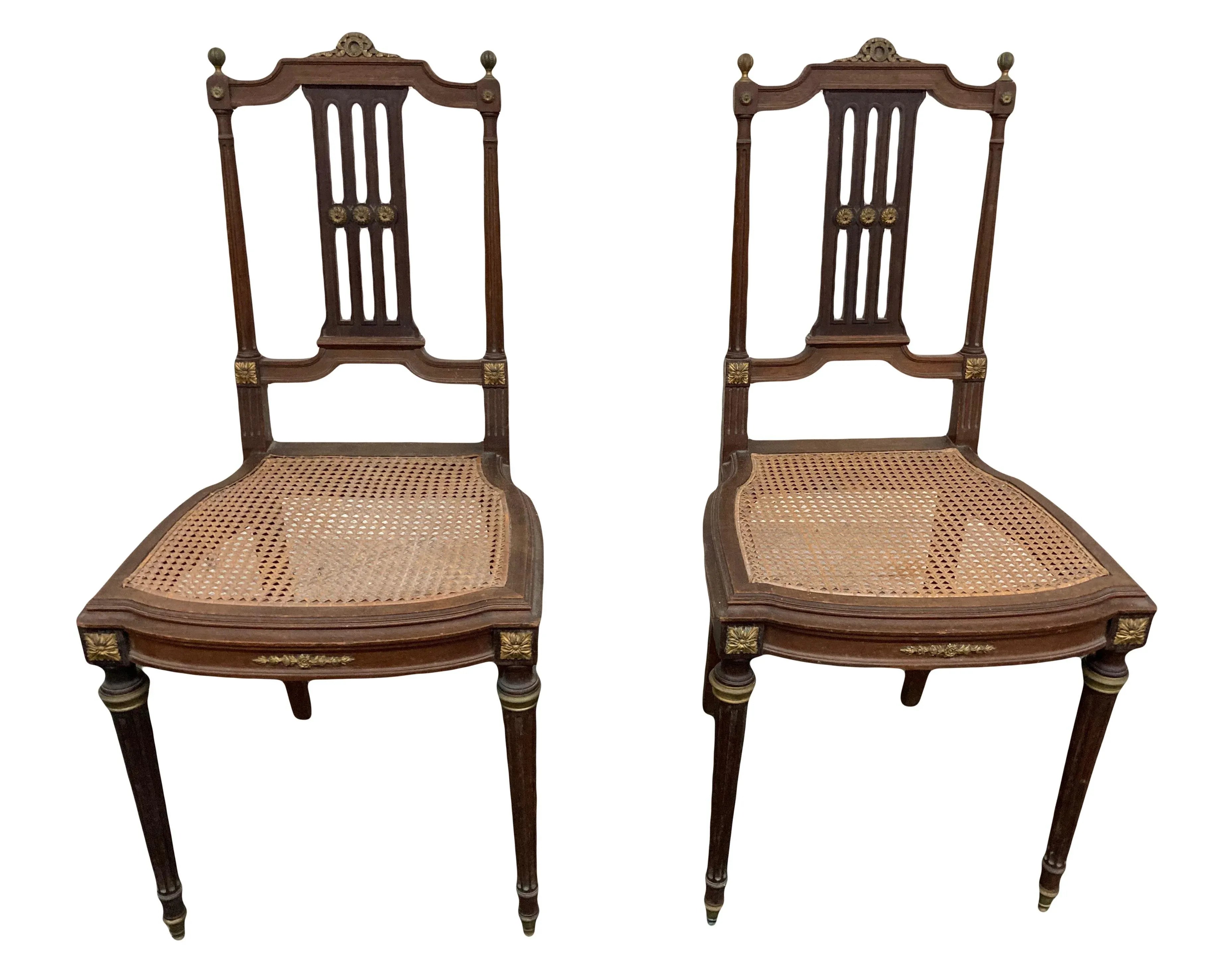 19th Century Lá Belle Epoque Louis XVI Style Mahogany Side Chairs With Caned Seats - a Pair