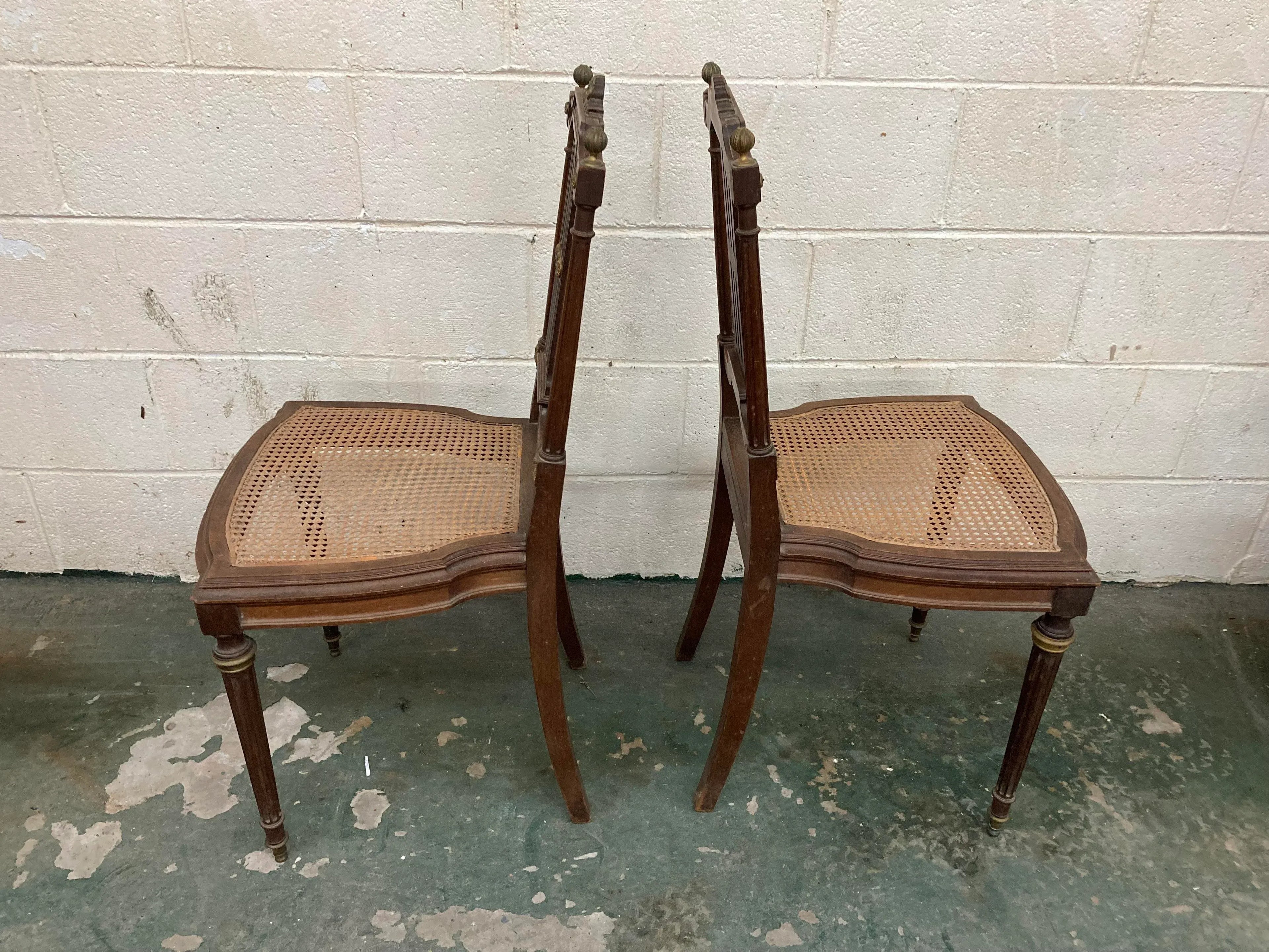 19th Century Lá Belle Epoque Louis XVI Style Mahogany Side Chairs With Caned Seats - a Pair