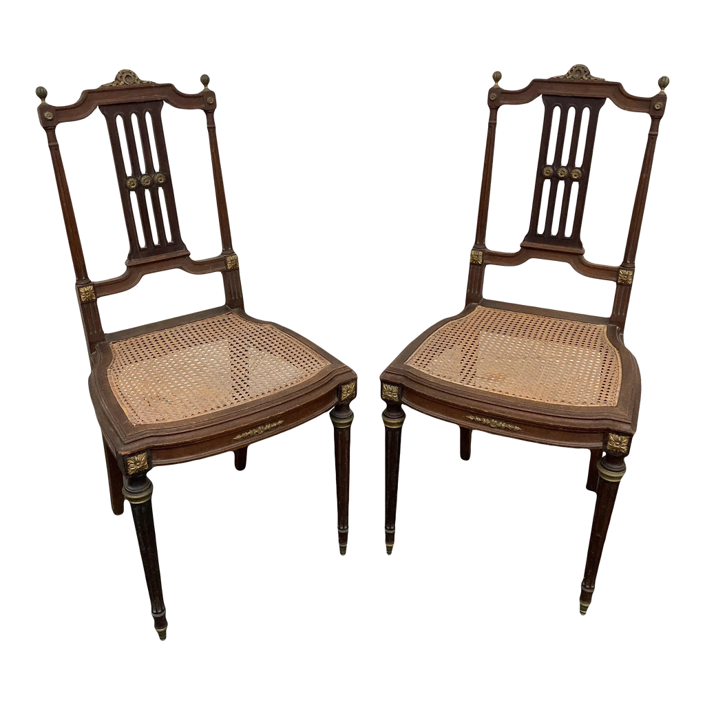 19th Century Lá Belle Epoque Louis XVI Style Mahogany Side Chairs With Caned Seats - a Pair