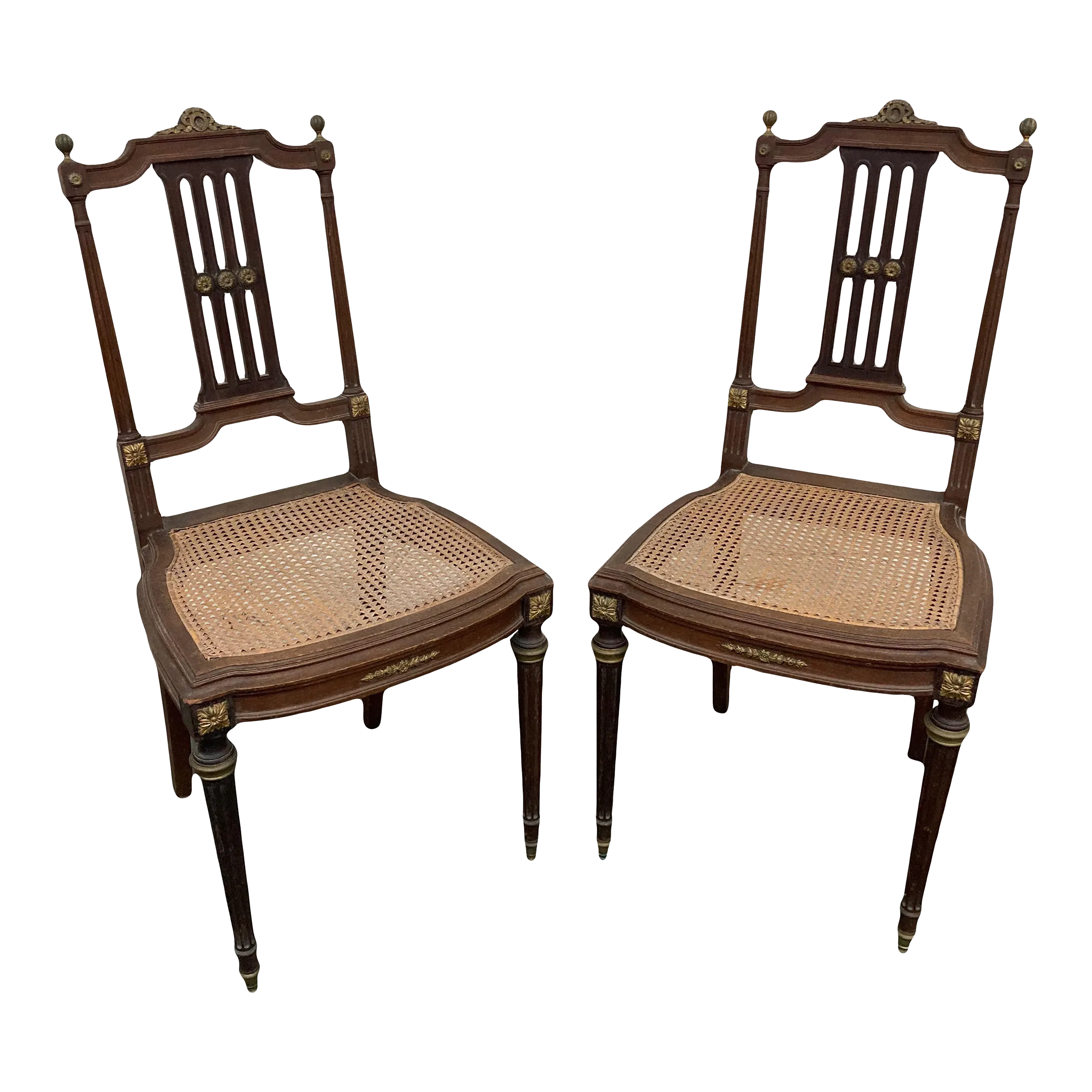 19th Century Lá Belle Epoque Louis XVI Style Mahogany Side Chairs With Caned Seats - a Pair