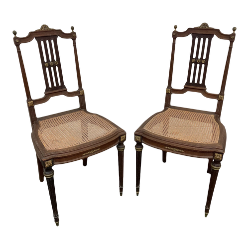 19th Century Lá Belle Epoque Louis XVI Style Mahogany Side Chairs With Caned Seats - a Pair