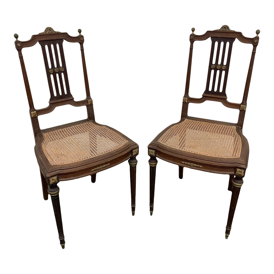 19th Century Lá Belle Epoque Louis XVI Style Mahogany Side Chairs With Caned Seats - a Pair