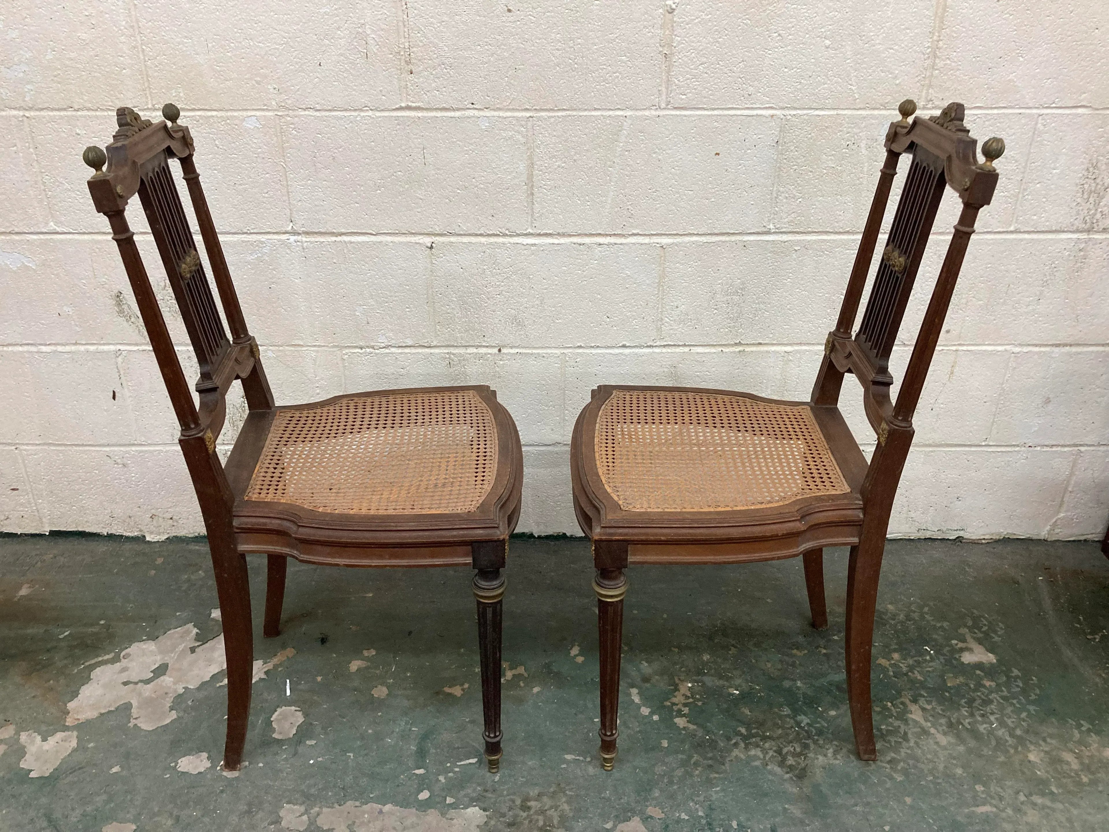 19th Century Lá Belle Epoque Louis XVI Style Mahogany Side Chairs With Caned Seats - a Pair