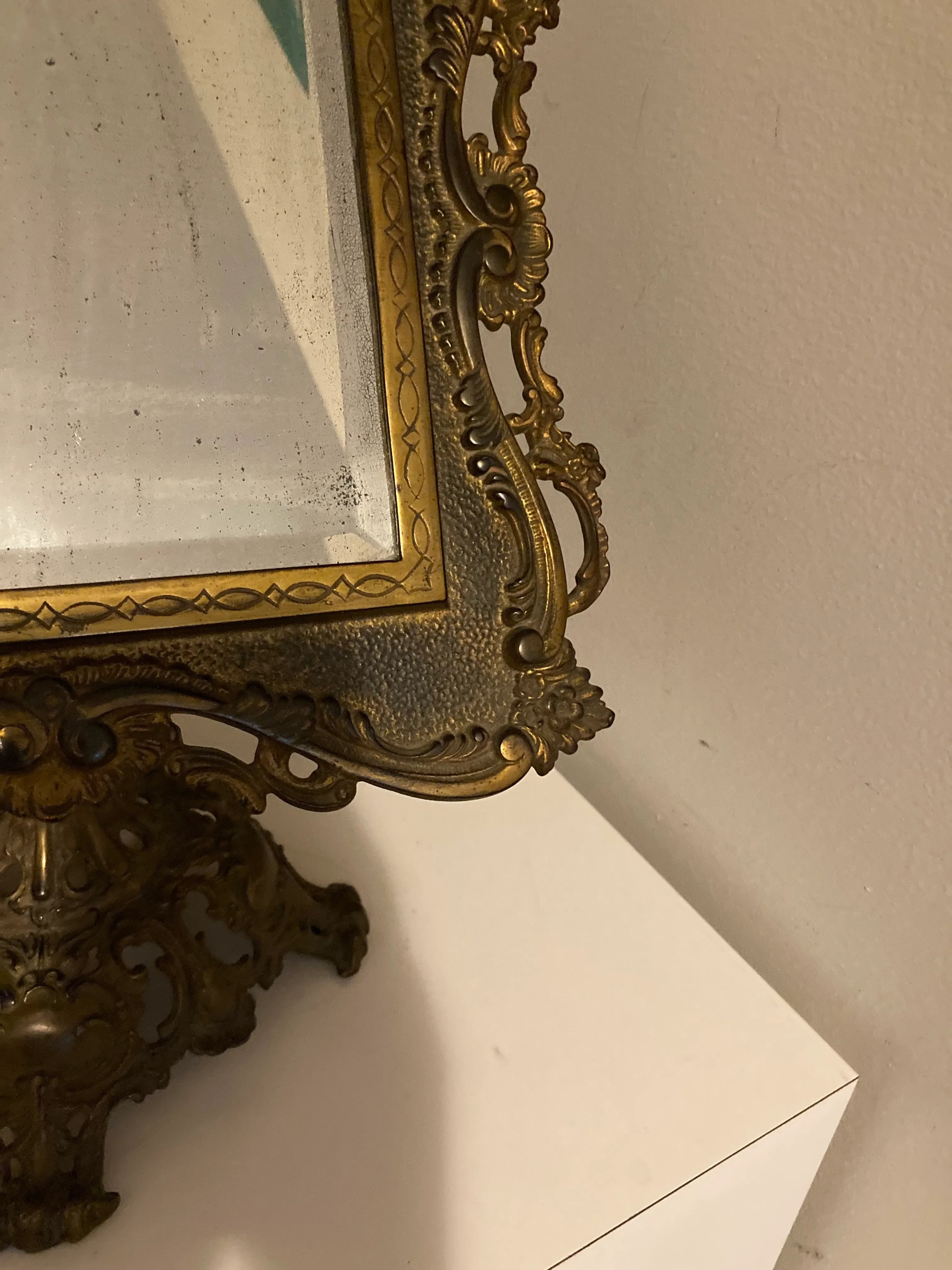 19th Century Ornate Brass Tabletop Mirror on Stand by National Brass and Iron Works