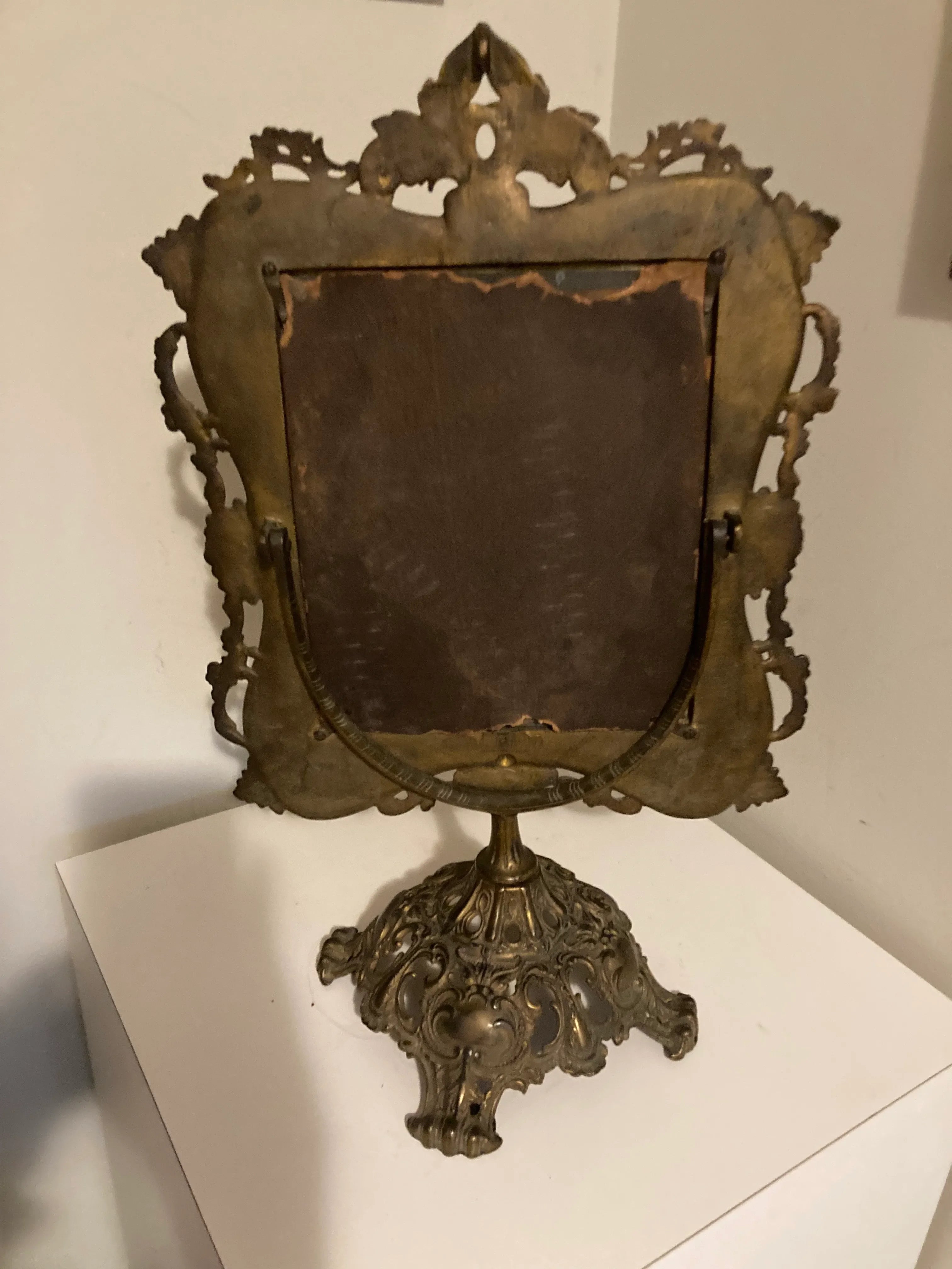 19th Century Ornate Brass Tabletop Mirror on Stand by National Brass and Iron Works
