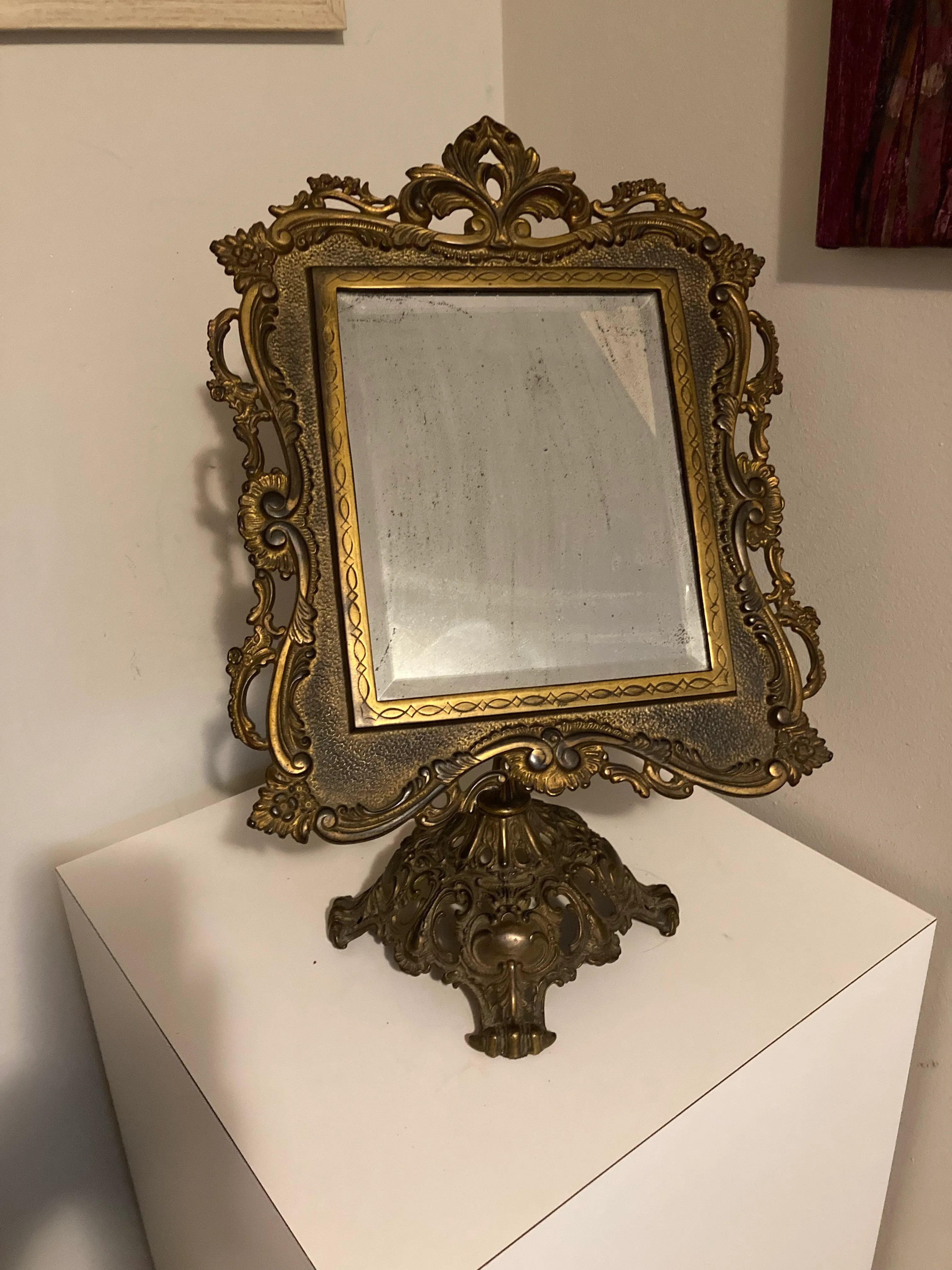 19th Century Ornate Brass Tabletop Mirror on Stand by National Brass and Iron Works