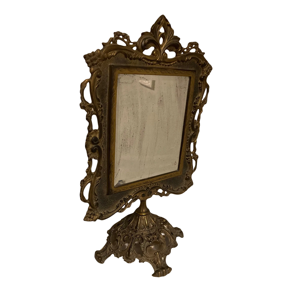 19th Century Ornate Brass Tabletop Mirror on Stand by National Brass and Iron Works