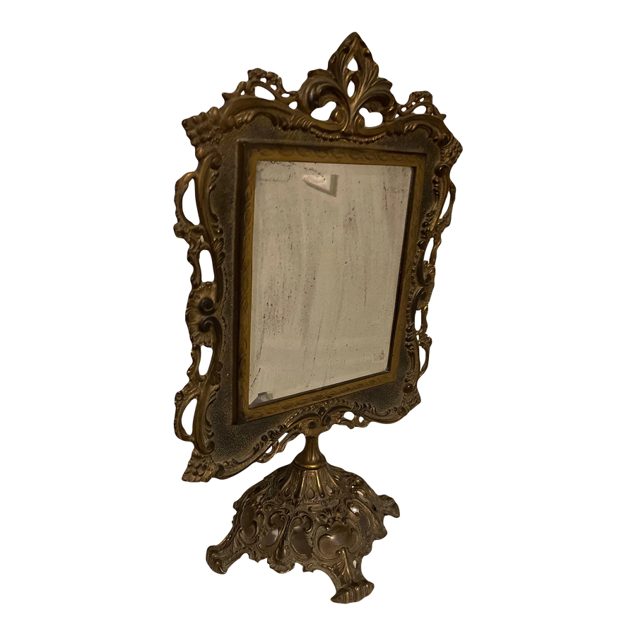 19th Century Ornate Brass Tabletop Mirror on Stand by National Brass and Iron Works