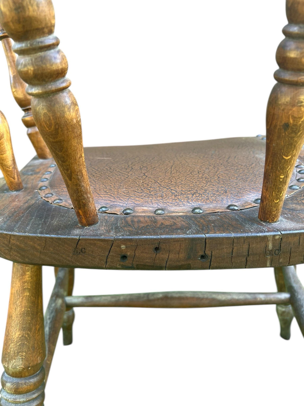 19th Century Wabi Sabi Naturally Distressed English Elm Smokers Bow Captains Armchair Signed J. C.
