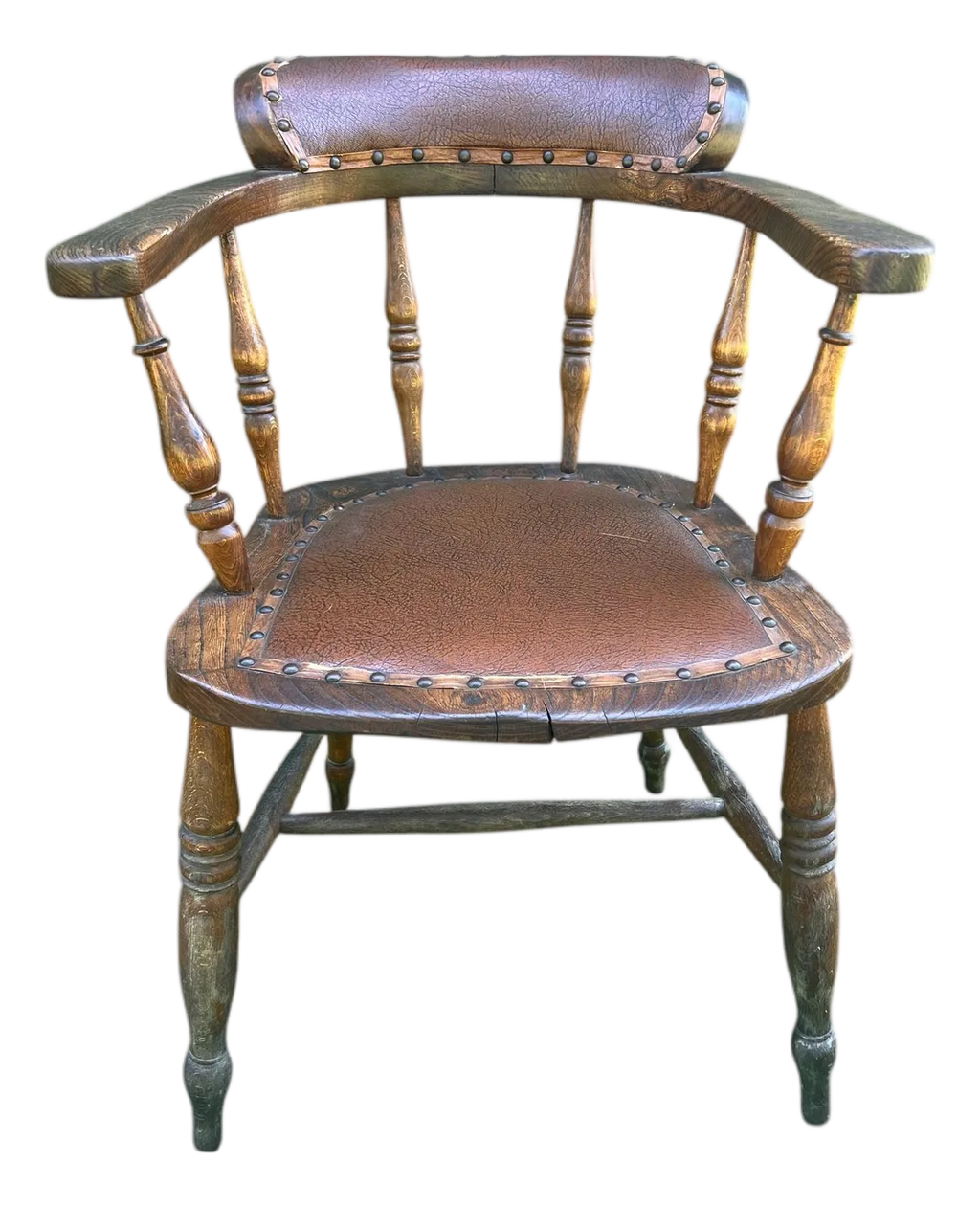 19th Century Wabi Sabi Naturally Distressed English Elm Smokers Bow Captains Armchair Signed J. C.