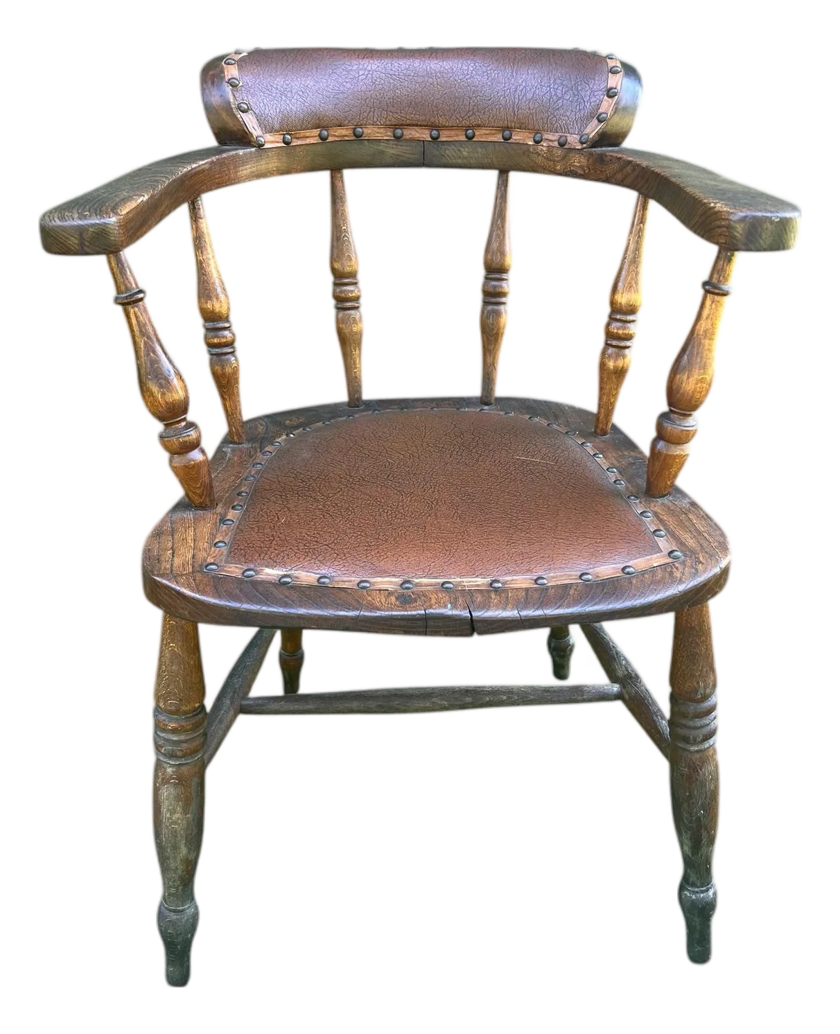 19th Century Wabi Sabi Naturally Distressed English Elm Smokers Bow Captains Armchair Signed J. C.