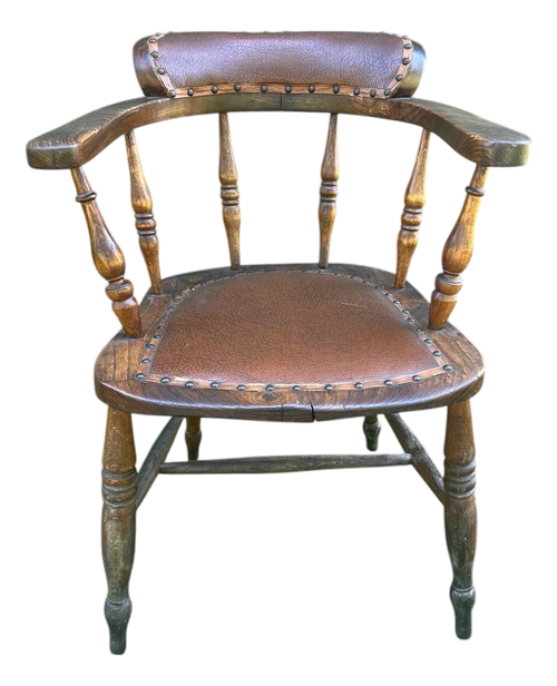 19th Century Wabi Sabi Naturally Distressed English Elm Smokers Bow Captains Armchair Signed J. C.