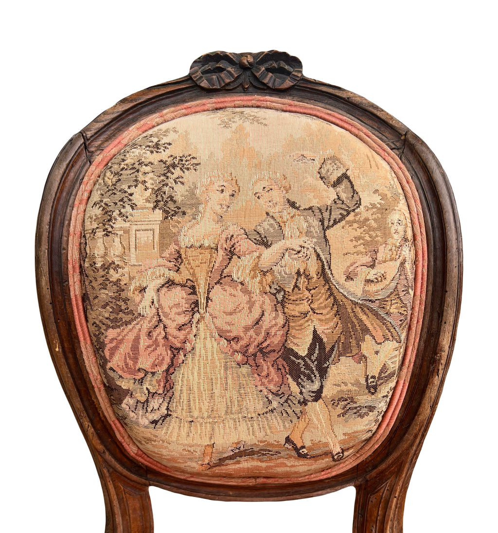 Antique 19th Century French Louis XVI Style Bergere Parlor Chair in Pink Jacquard Fabric and Pictoral Tapestry Backrest