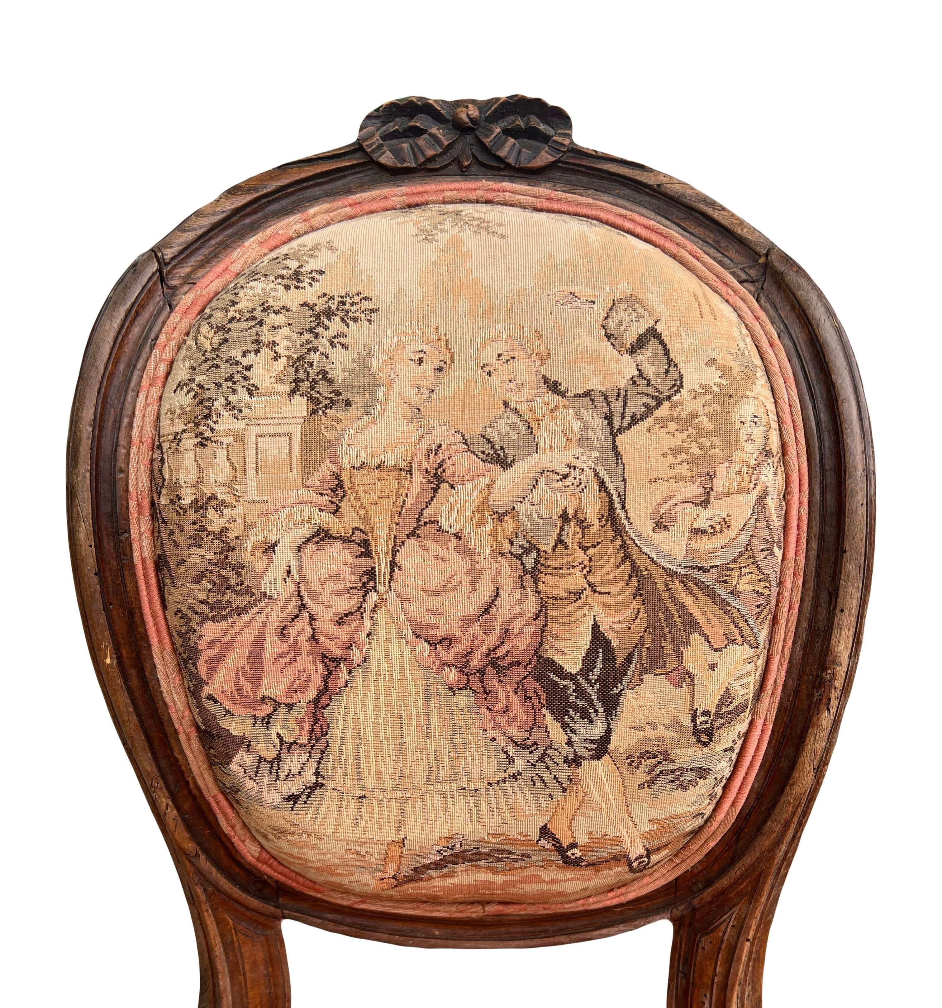 Antique 19th Century French Louis XVI Style Bergere Parlor Chair in Pink Jacquard Fabric and Pictoral Tapestry Backrest