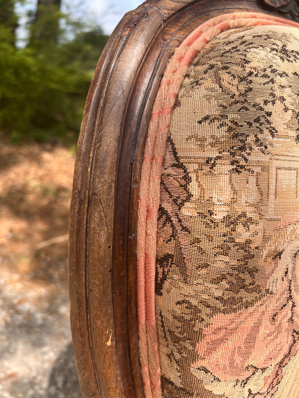 Antique 19th Century French Louis XVI Style Bergere Parlor Chair in Pink Jacquard Fabric and Pictoral Tapestry Backrest