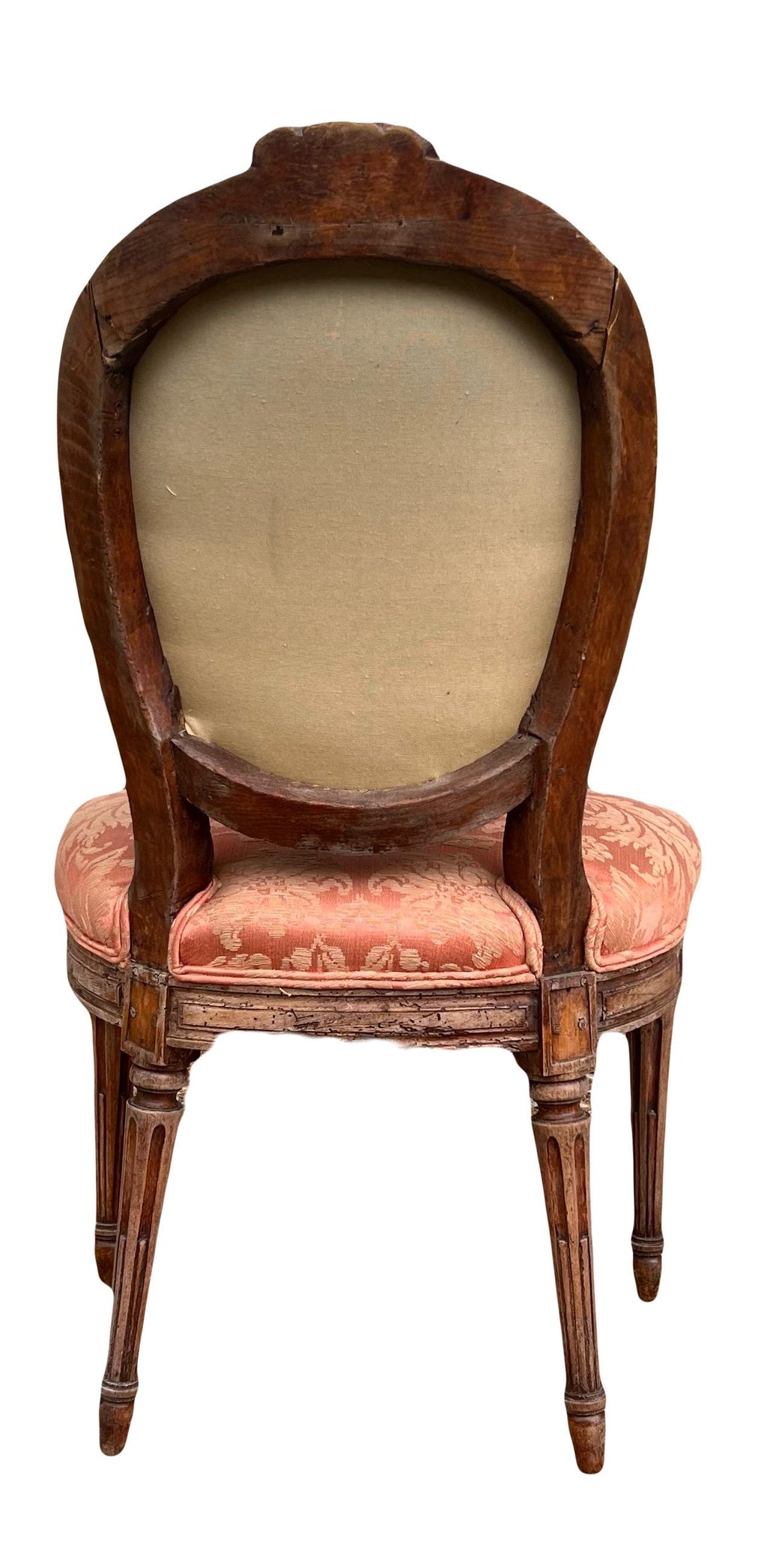 Antique 19th Century French Louis XVI Style Bergere Parlor Chair in Pink Jacquard Fabric and Pictoral Tapestry Backrest