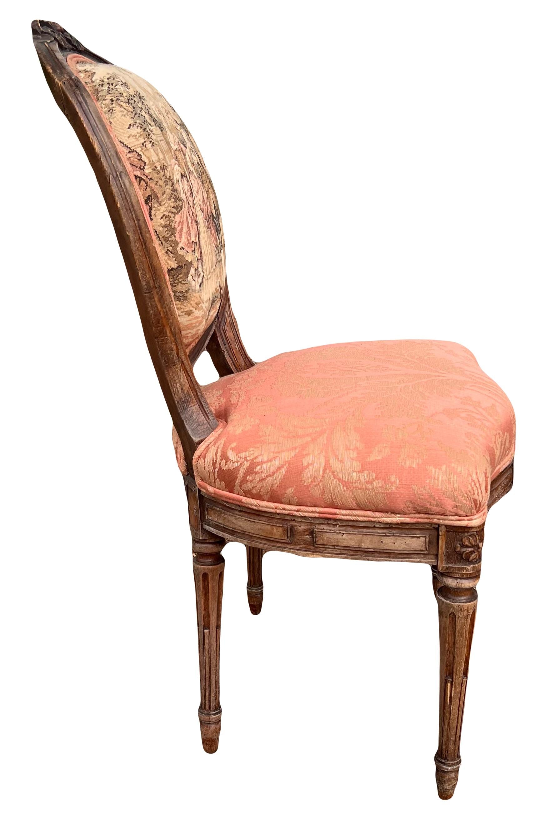 Antique 19th Century French Louis XVI Style Bergere Parlor Chair in Pink Jacquard Fabric and Pictoral Tapestry Backrest