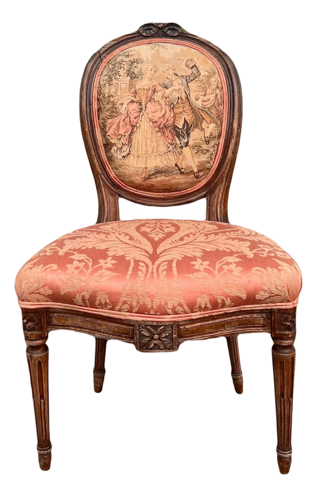 Antique 19th Century French Louis XVI Style Bergere Parlor Chair in Pink Jacquard Fabric and Pictoral Tapestry Backrest