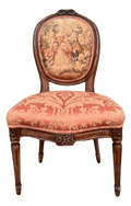 Antique 19th Century French Louis XVI Style Bergere Parlor Chair in Pink Jacquard Fabric and Pictoral Tapestry Backrest