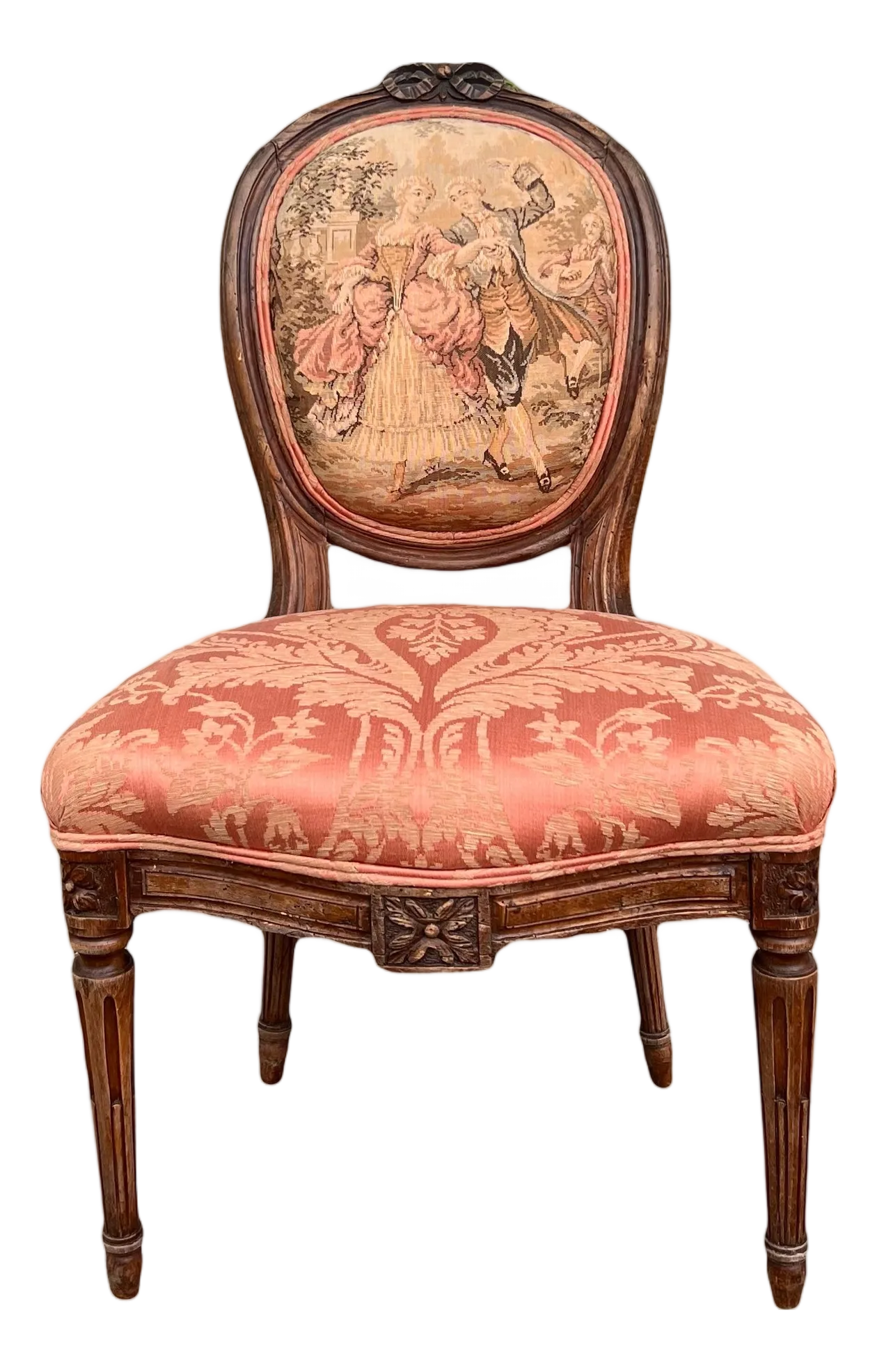 Antique 19th Century French Louis XVI Style Bergere Parlor Chair in Pink Jacquard Fabric and Pictoral Tapestry Backrest