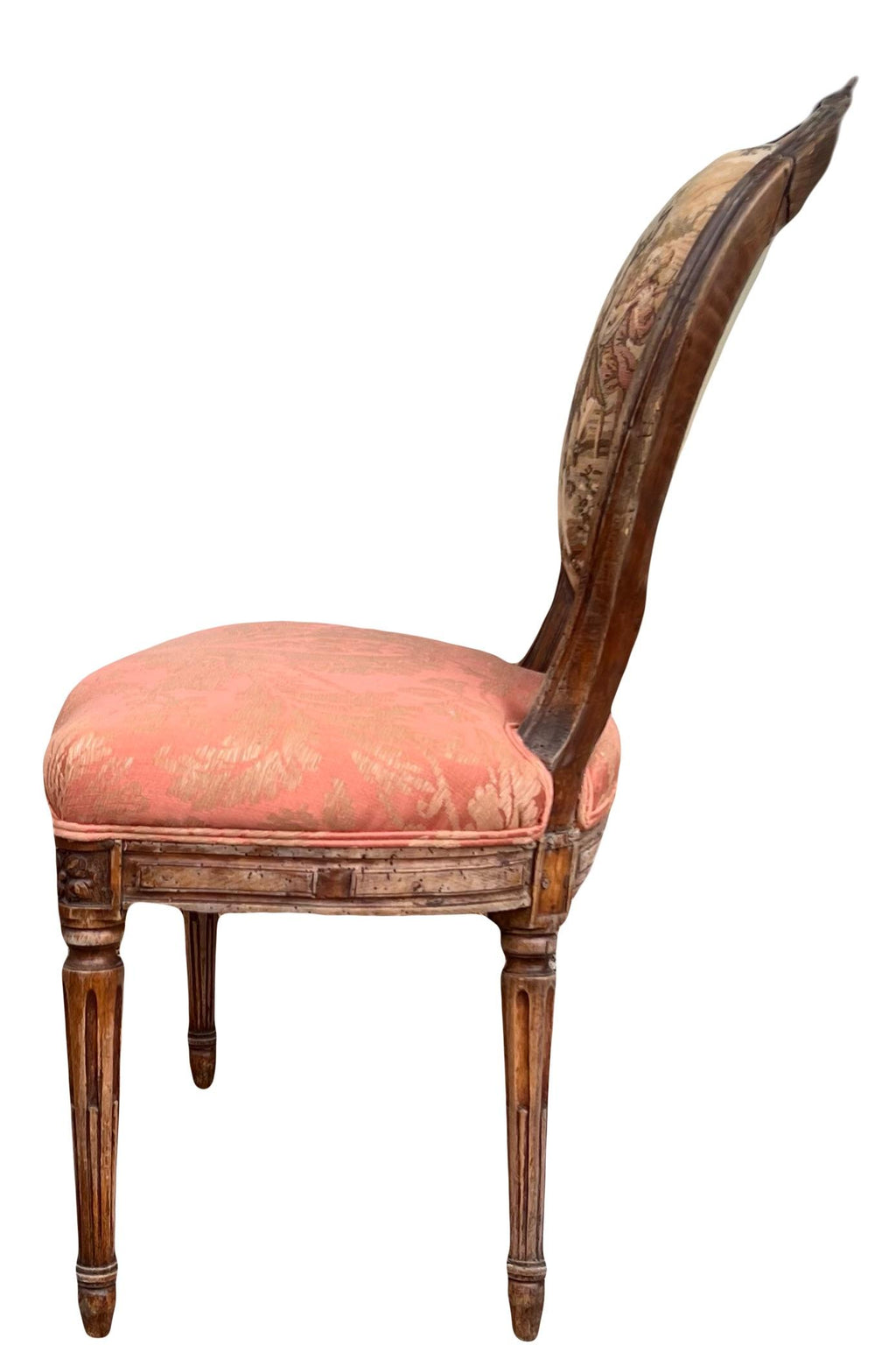 Antique 19th Century French Louis XVI Style Bergere Parlor Chair in Pink Jacquard Fabric and Pictoral Tapestry Backrest