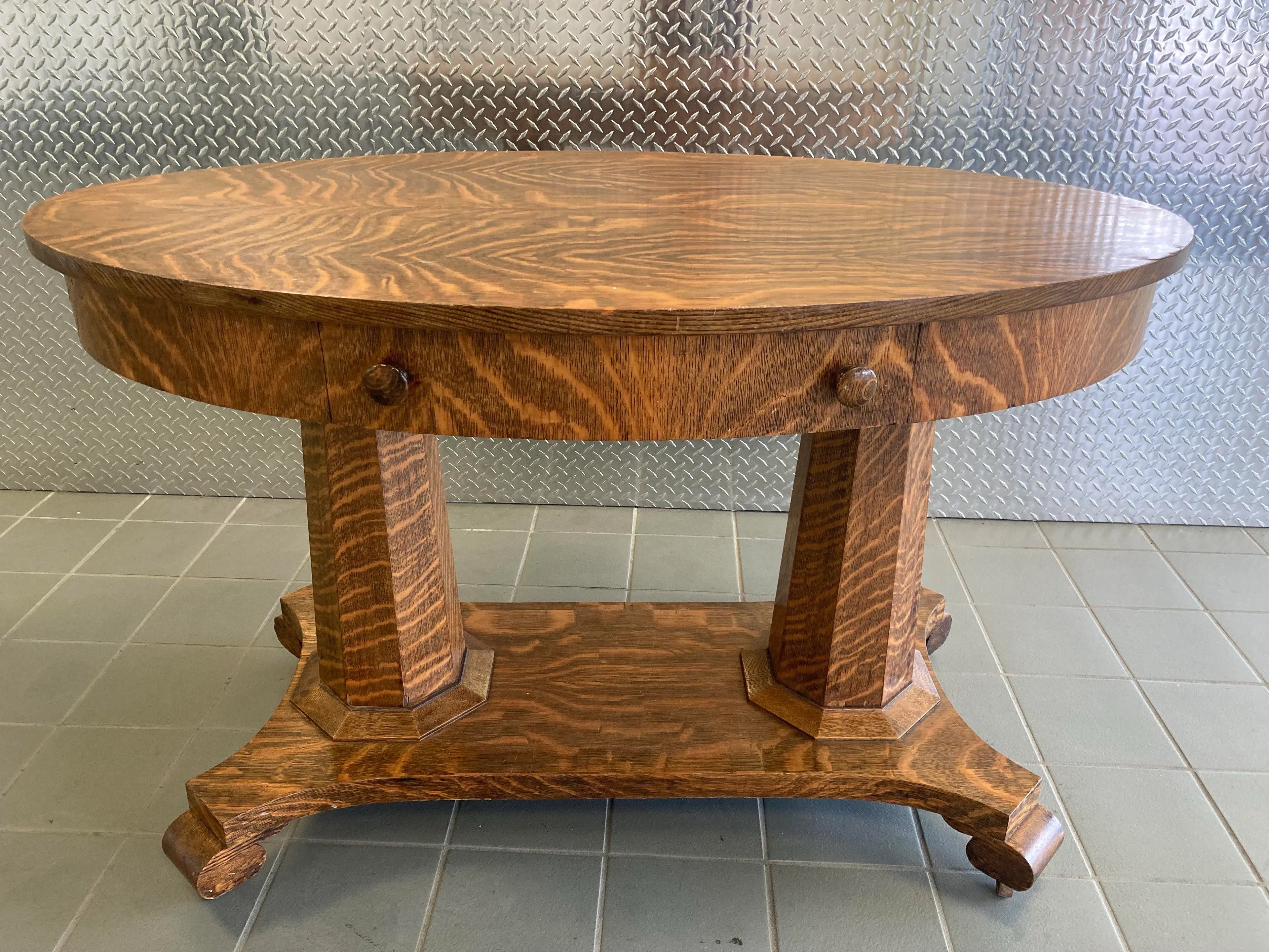 Antique American Empire Arts and Crafts Oval Quartersawn Tiger Oak Library Table or Writing Desk