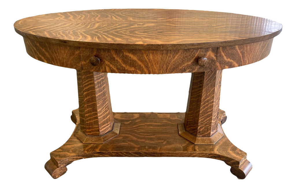 Antique American Empire Arts and Crafts Oval Quartersawn Tiger Oak Library Table or Writing Desk