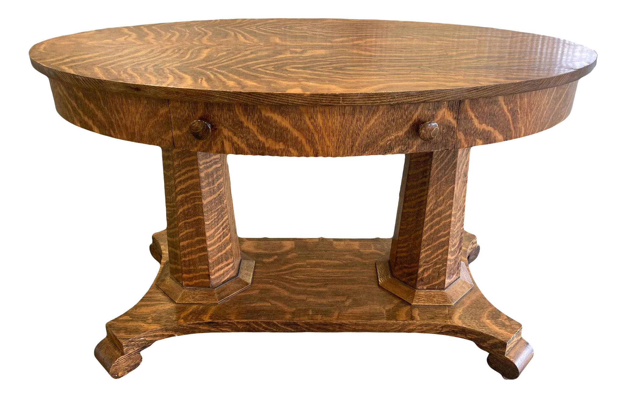 Antique American Empire Arts and Crafts Oval Quartersawn Tiger Oak Library Table or Writing Desk