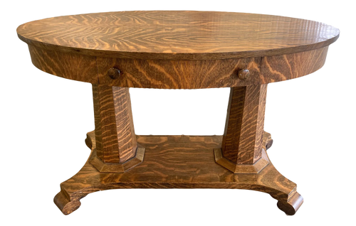 Antique American Empire Arts and Crafts Oval Quartersawn Tiger Oak Library Table or Writing Desk