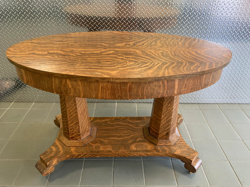 Antique American Empire Arts and Crafts Oval Quartersawn Tiger Oak Library Table or Writing Desk
