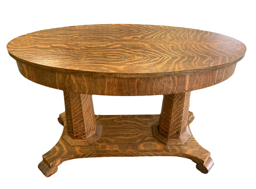 Antique American Empire Arts and Crafts Oval Quartersawn Tiger Oak Library Table or Writing Desk