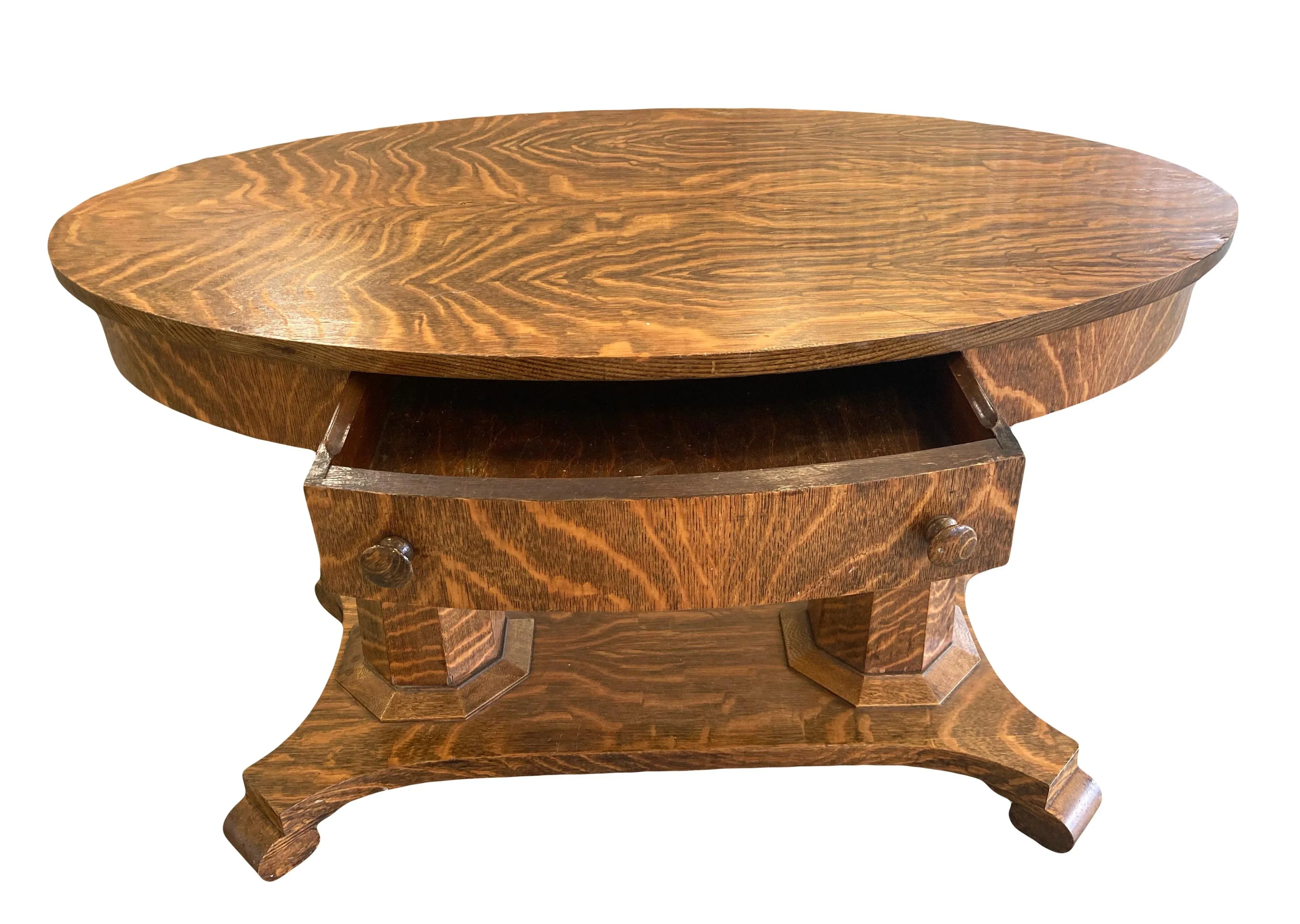 Antique American Empire Arts and Crafts Oval Quartersawn Tiger Oak Library Table or Writing Desk