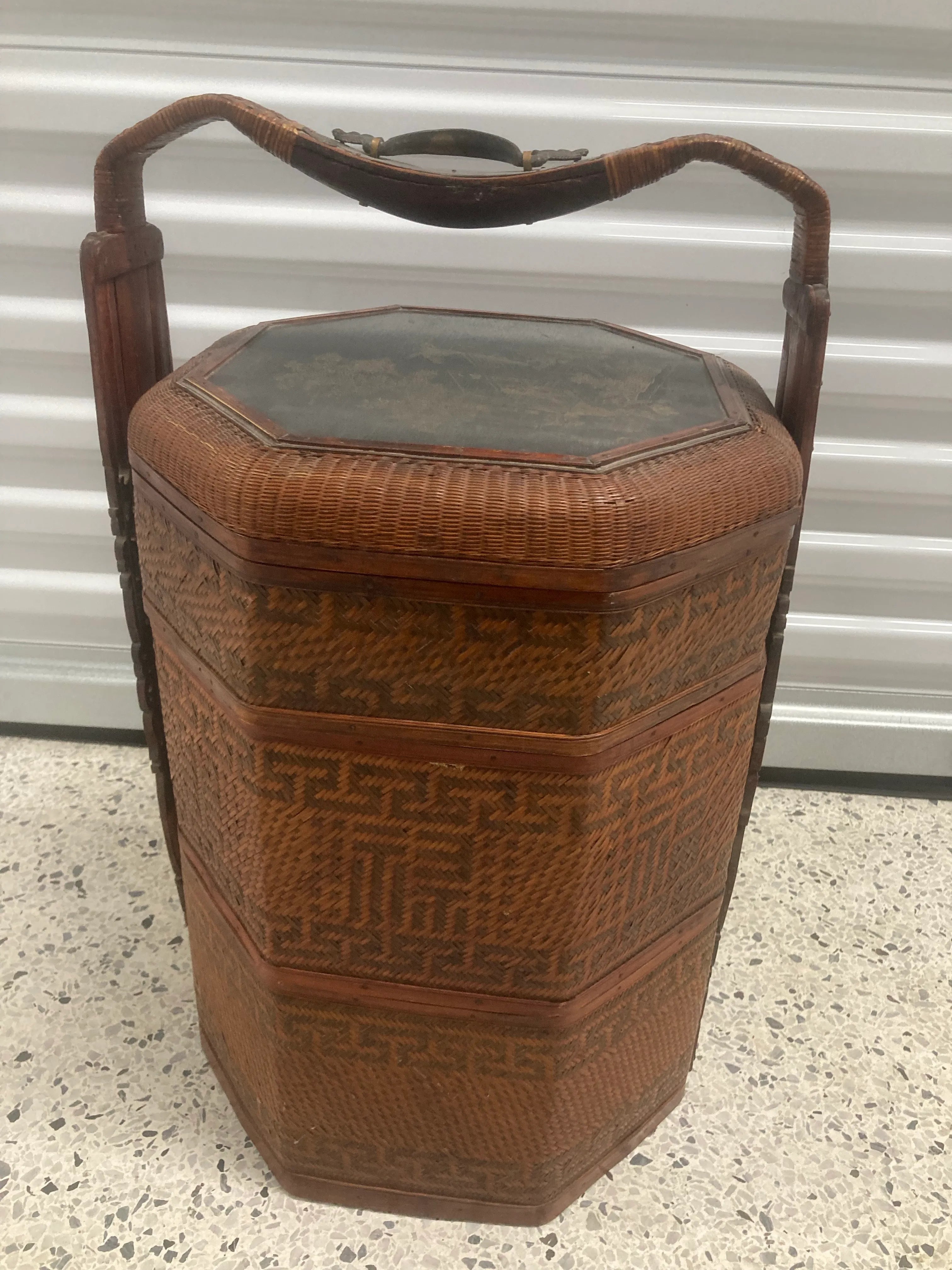 Antique Chinese Split Reed Wicker Woven Wedding Basket