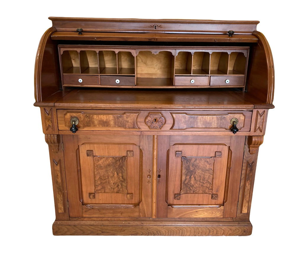 Antique Eastlake Victorian Burlwood Roll Top Desk