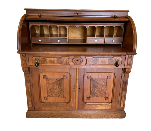 Antique Eastlake Victorian Burlwood Roll Top Desk