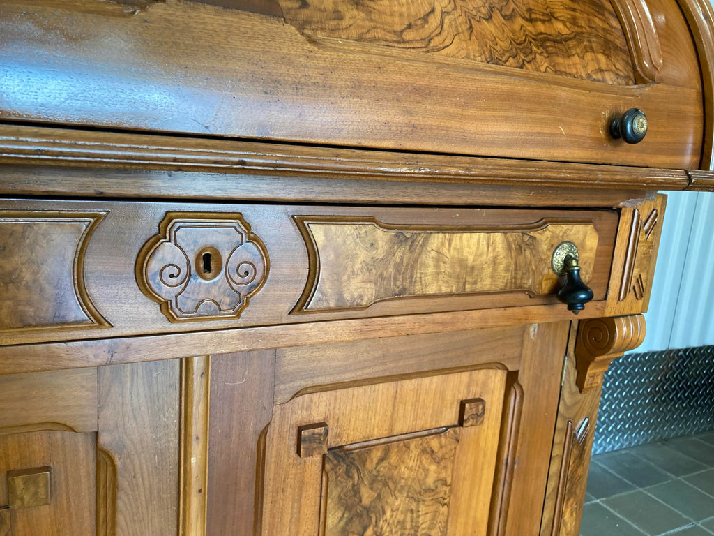 Antique Eastlake Victorian Burlwood Roll Top Desk