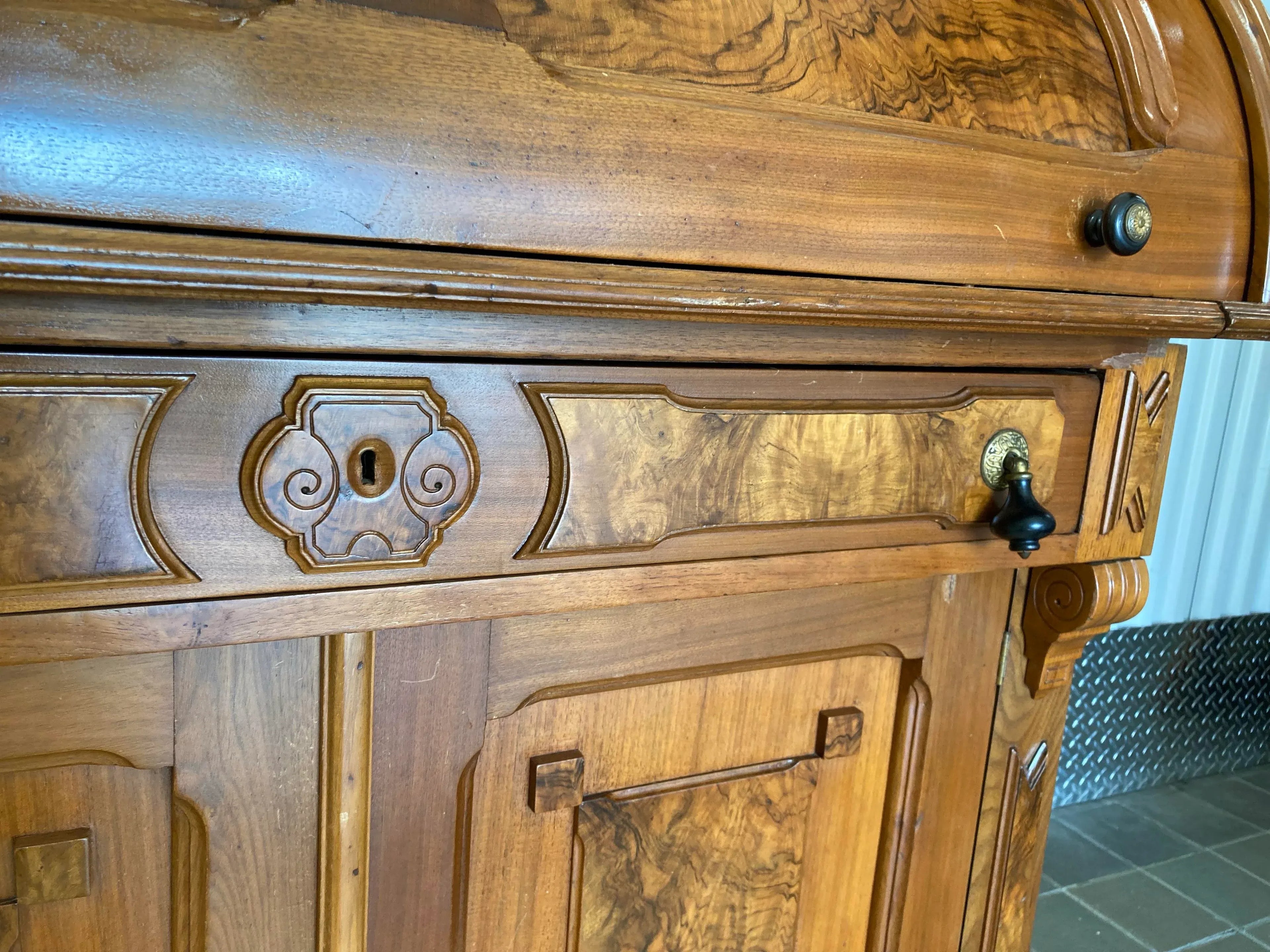 Antique Eastlake Victorian Burlwood Roll Top Desk