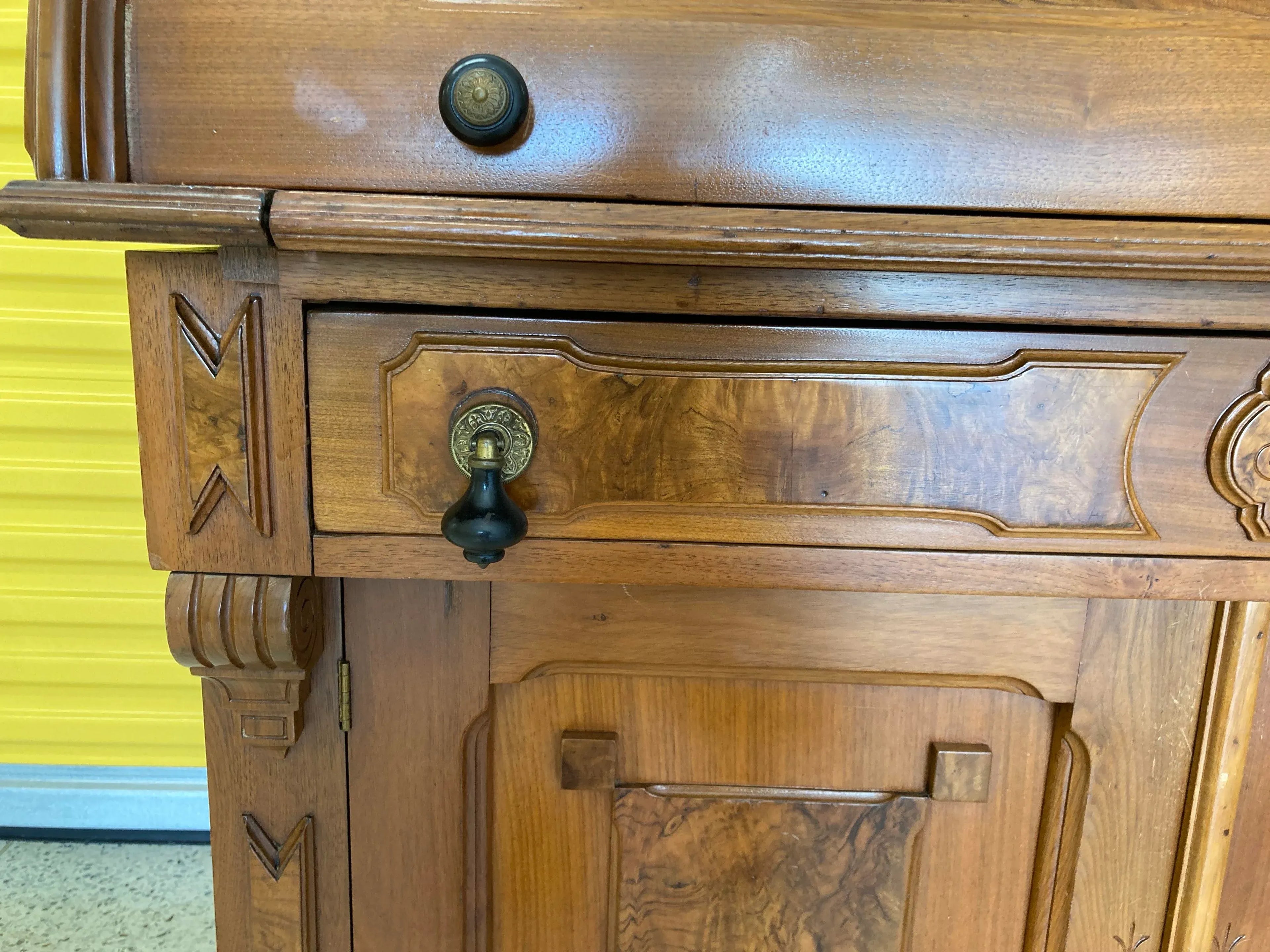 Antique Eastlake Victorian Burlwood Roll Top Desk
