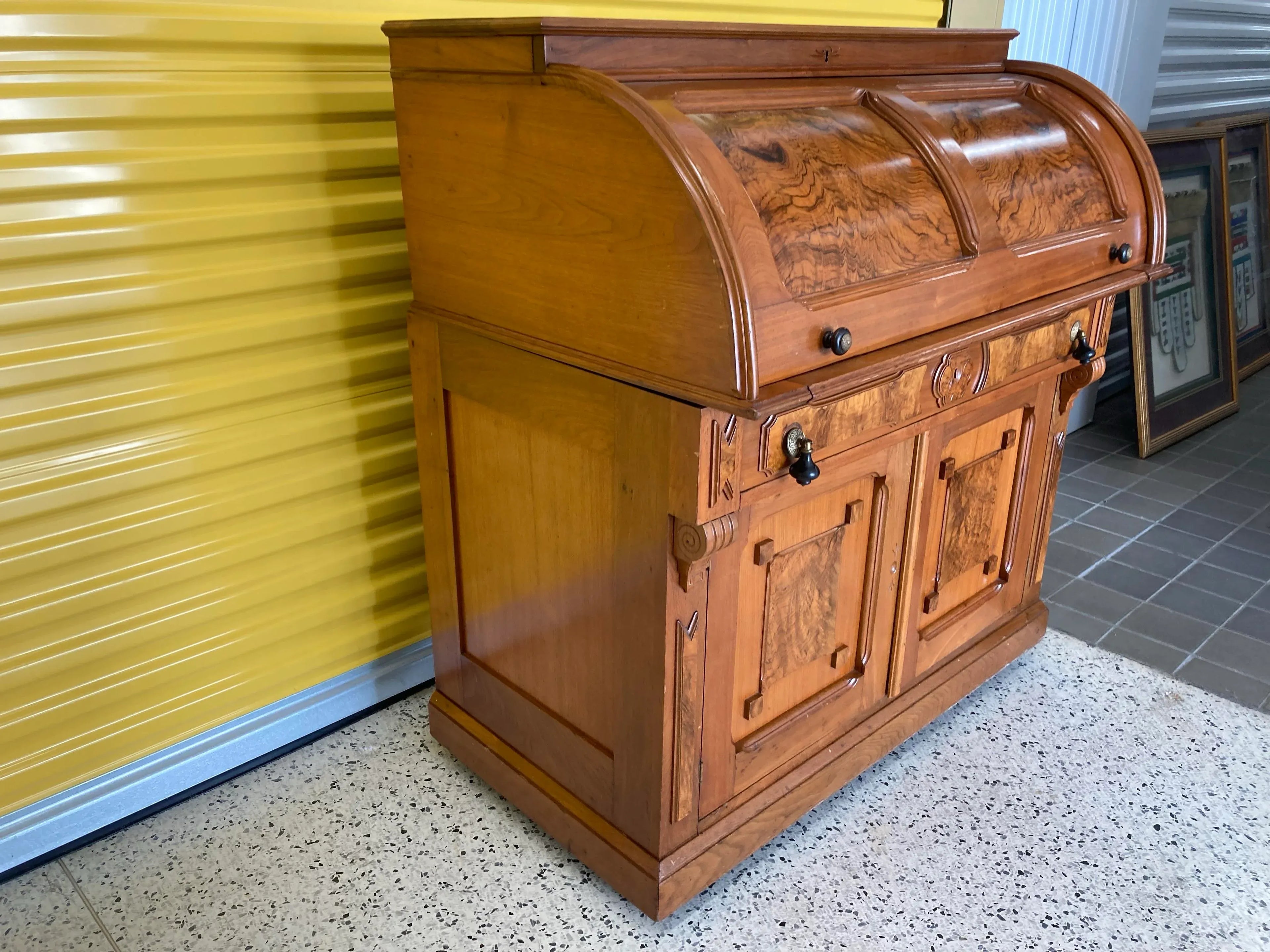 Antique Eastlake Victorian Burlwood Roll Top Desk