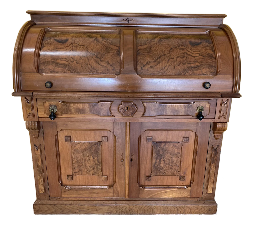 Antique Eastlake Victorian Burlwood Roll Top Desk
