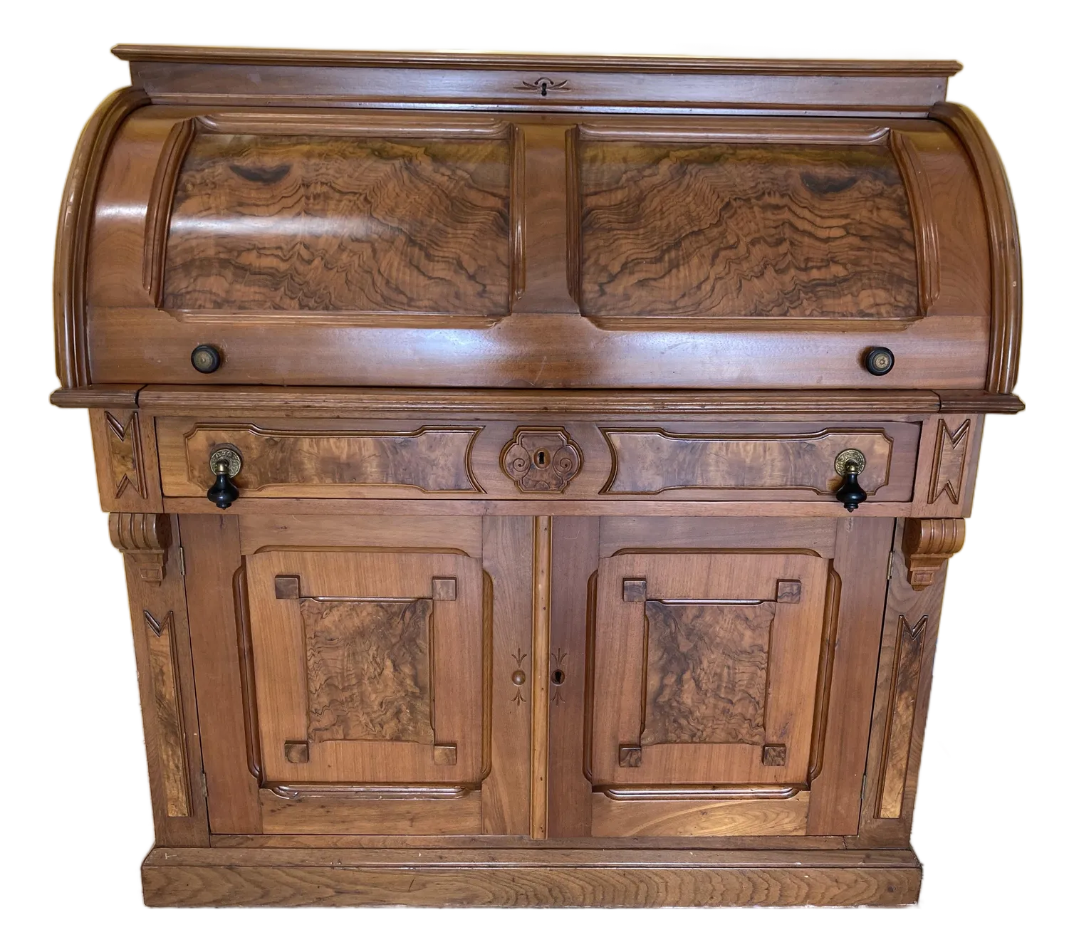 Antique Eastlake Victorian Burlwood Roll Top Desk