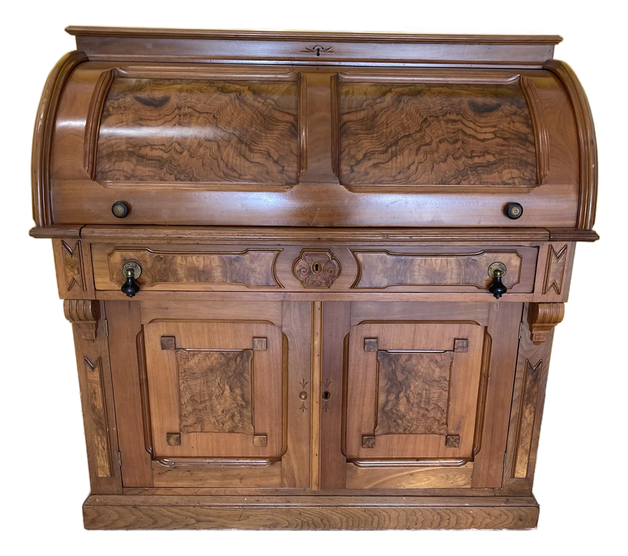 Antique Eastlake Victorian Burlwood Roll Top Desk