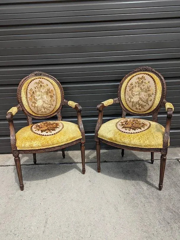 Antique French Country Louis XVI Floral Tapestry Fauteuils - a Pair