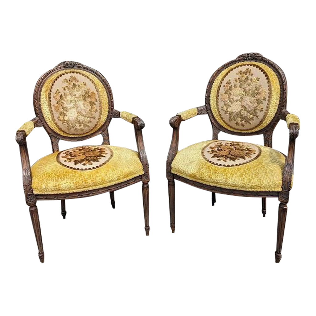 Antique French Country Louis XVI Floral Tapestry Fauteuils - a Pair