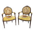 Antique French Country Louis XVI Floral Tapestry Fauteuils - a Pair