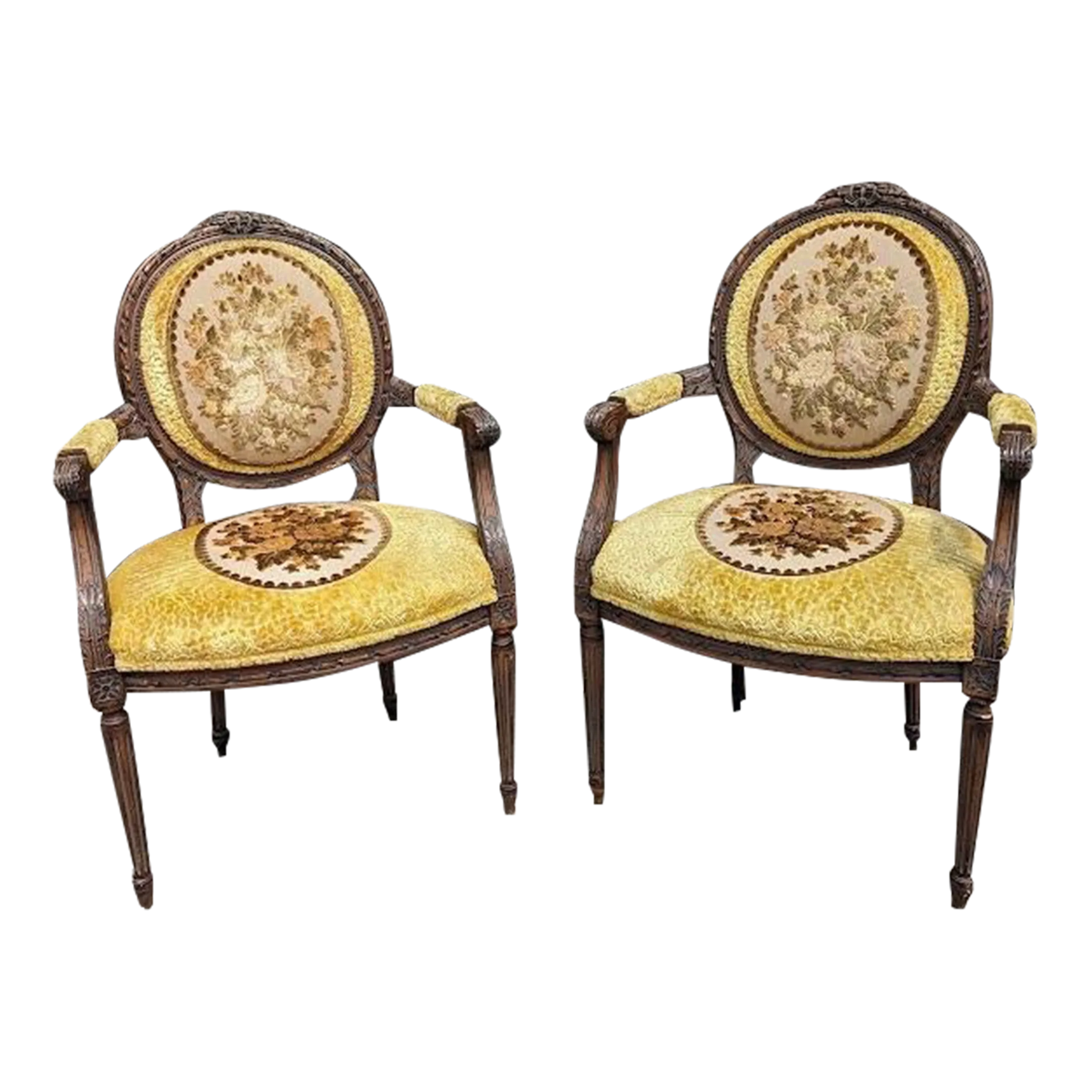 Antique French Country Louis XVI Floral Tapestry Fauteuils - a Pair