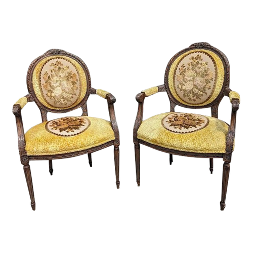 Antique French Country Louis XVI Floral Tapestry Fauteuils - a Pair