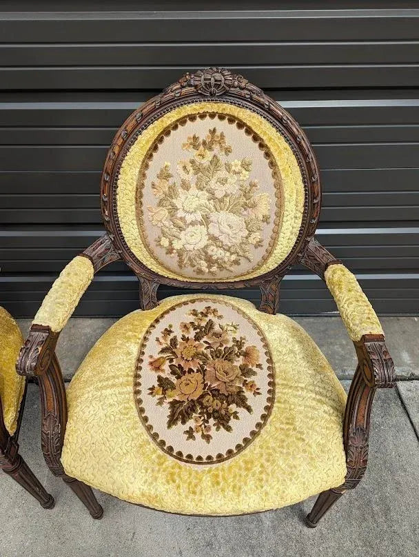 Antique French Country Louis XVI Floral Tapestry Fauteuils - a Pair